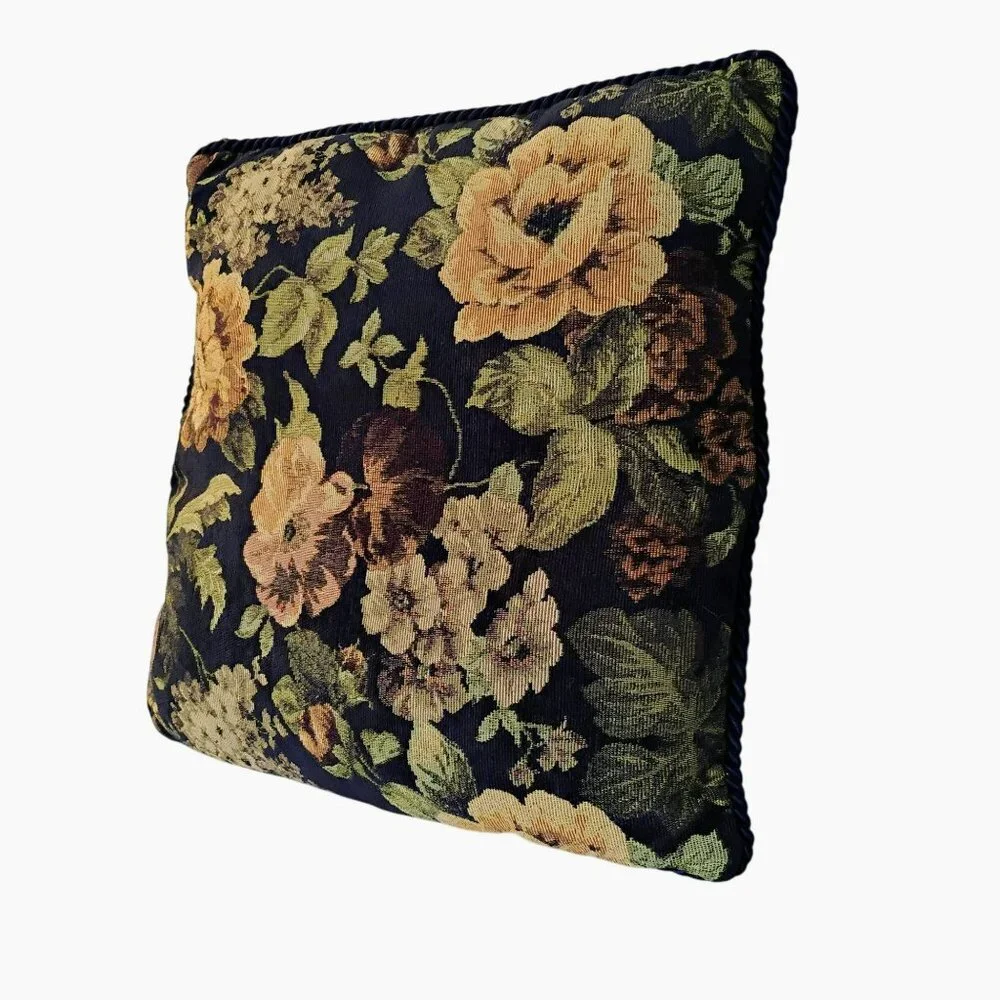 Vintage Floral Tapestry Throw Pillow With Bold Cottagecore Design & Corded Trim